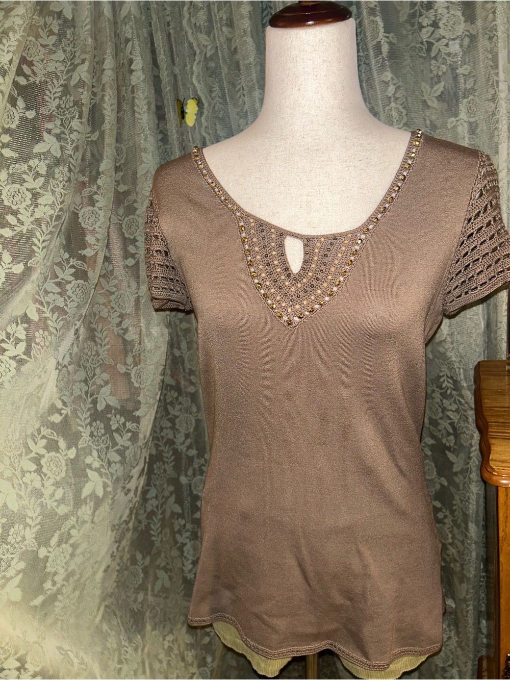 Brown Beaded Crochet Knit Short-Sleeve Silk Blend Top